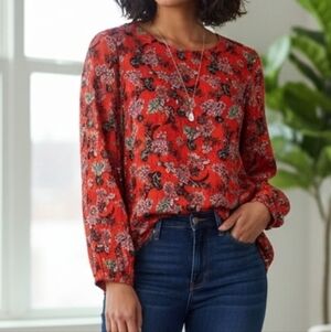 Jason Wu Women's Long Sleeve Foil Print Woven Blouse, Lace Trim, Pumpkin, S NWOT